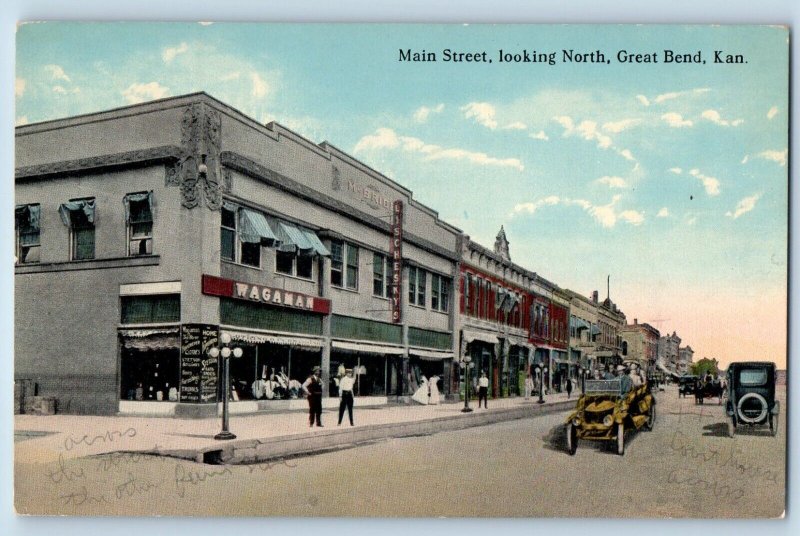 Great Bend Kansas Postcard Main Street Looking North Exterior Classic Cars 1910