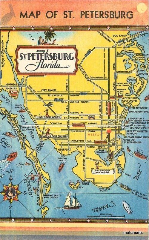 1940s Map Attractions St Petersburg Florida linen postcard 13009