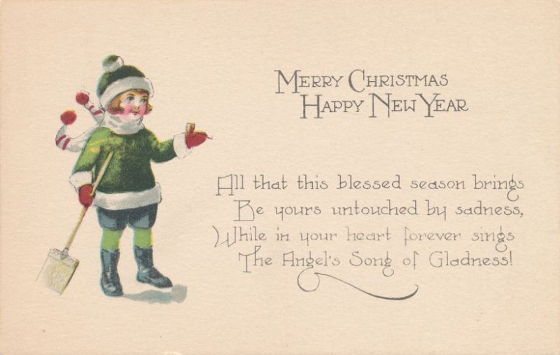 Merry Christmas Greetings and Happy New Year - Child with Shovel - DB