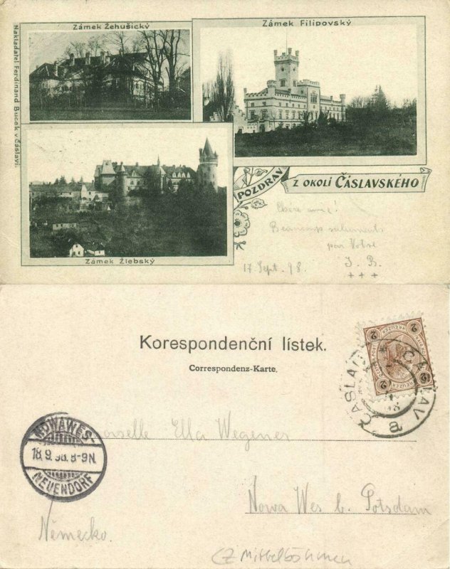 czech OKOLÍ ČÁSLAVSKÉHO Zámek Zehušický Filipovský and Žlebský 1898 Postcard