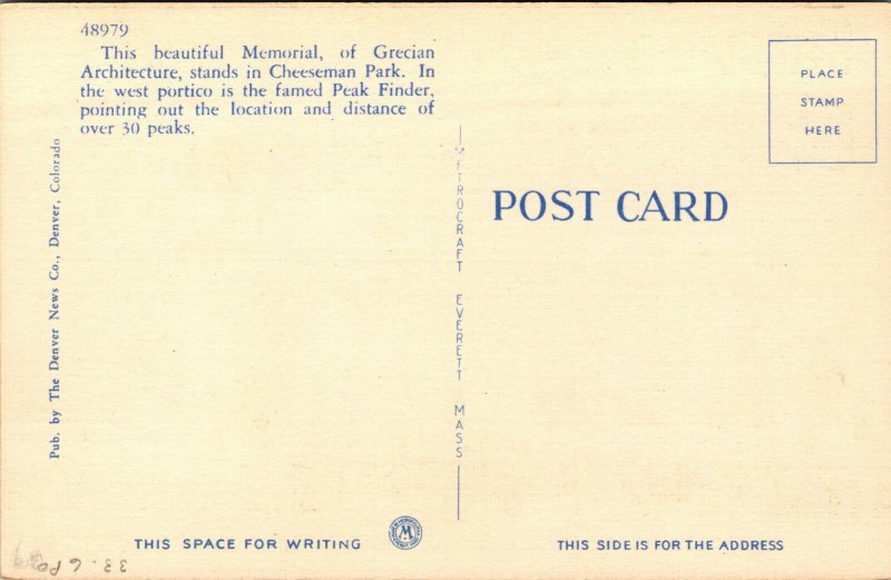 Vtg 1930s Cheeseman Park Memorial Denver Colorado CO Linen Postcard