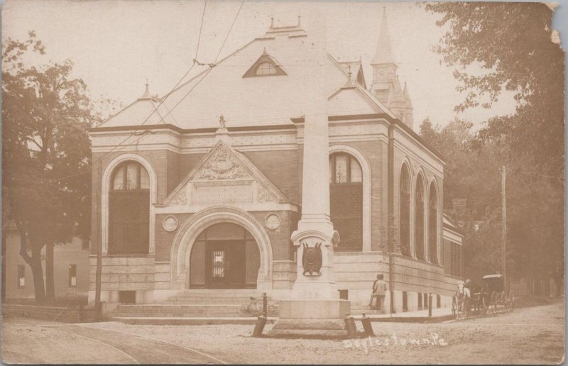 RPPC Postcard Doylestown National Bank + Soldier's Monument Doylestown PA