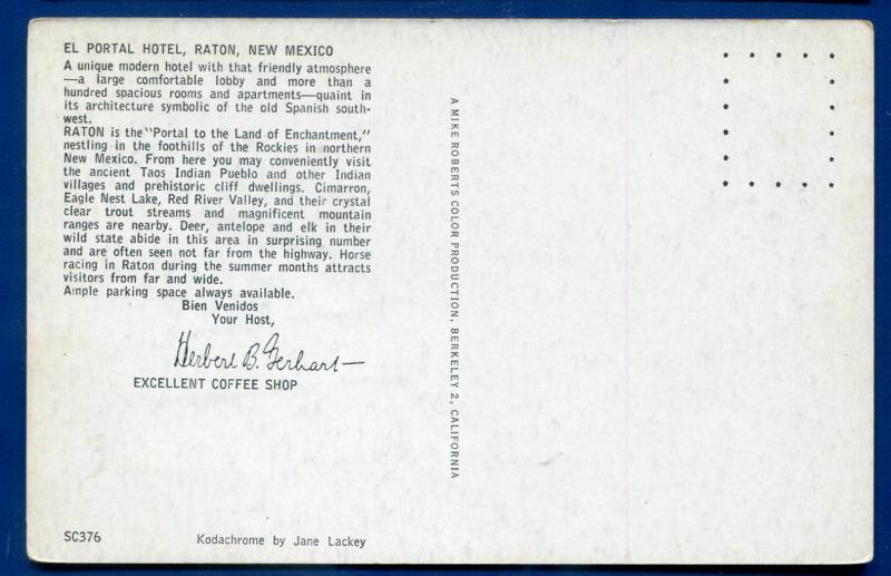 El Portal Hotel Raton New Mexico nm chrome postcard