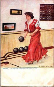 Woman Bowling Artist Signed Vintage Postcard Earl Christy JA4