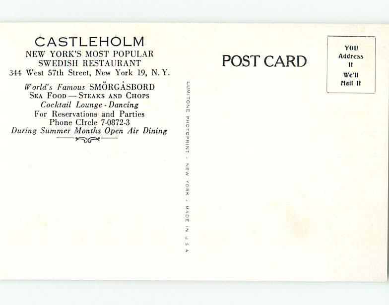 Unused 1940's CASTLEHOLM RESTAURANT New York City NY hs5159