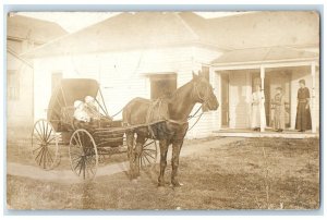 1912 Babies Riding On Horse And Buggy Castana Iowa IA RPPC Photo Posted Postcard