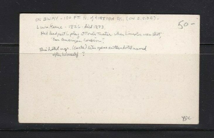 Circa 1860's Business Card Laura Keene Hotel NYC Broadway George Earle Manager