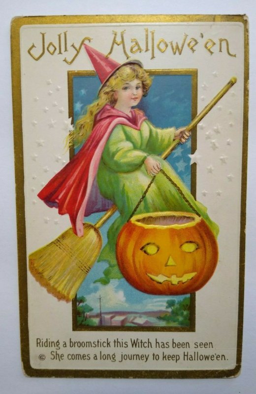 Vintage Halloween Postcard Lovely Witch Flying Broom Original Stecher 226 Emboss Topics 