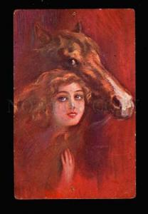 3002604 Lady & HORSE in Red by USABAL vintage colorful PC