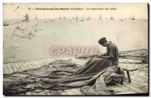 Old Postcard The Grandcamp les Bains Fisherman repair of sails TOP