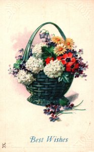 Best Wishes - Basket of Flowers - Embossed - c1905