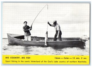 c1950's Big Country Fishing Rod Big Fish Boat Northern Manitoba Canada Postcard