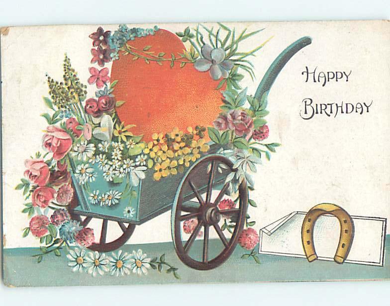 Pre-Linen COLORFUL FLOWERS IN ANTIQUE WHEELBARROW FOR BIRTHDAY HJ4586