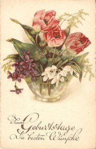 Beautiful flowers in a vase  Nice old vintage German greetings postcard