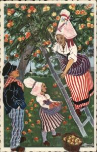 Art Deco French Woman & Child on Ladder Picking Apple Tree Normandie PC