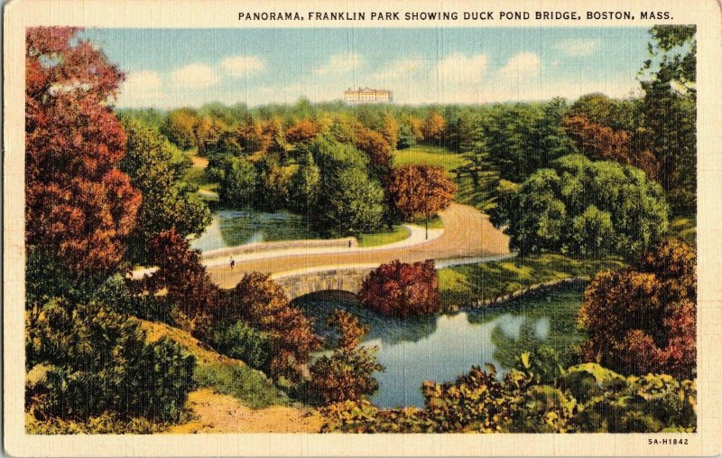 Panorama Franklin Park Duck Pond Bridge Boston Mass Line Postcard UNP Unused Vtg 