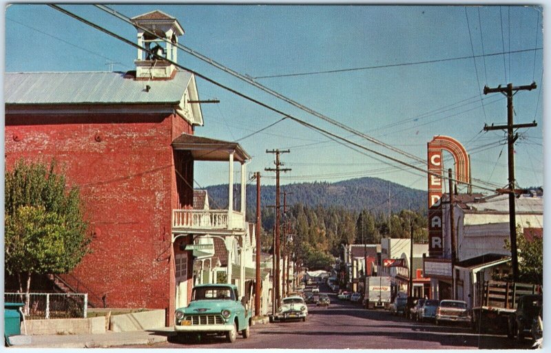 c1950s Nevada City, CA Downtown Chrome Photo Postcard Main St Brick Power A89