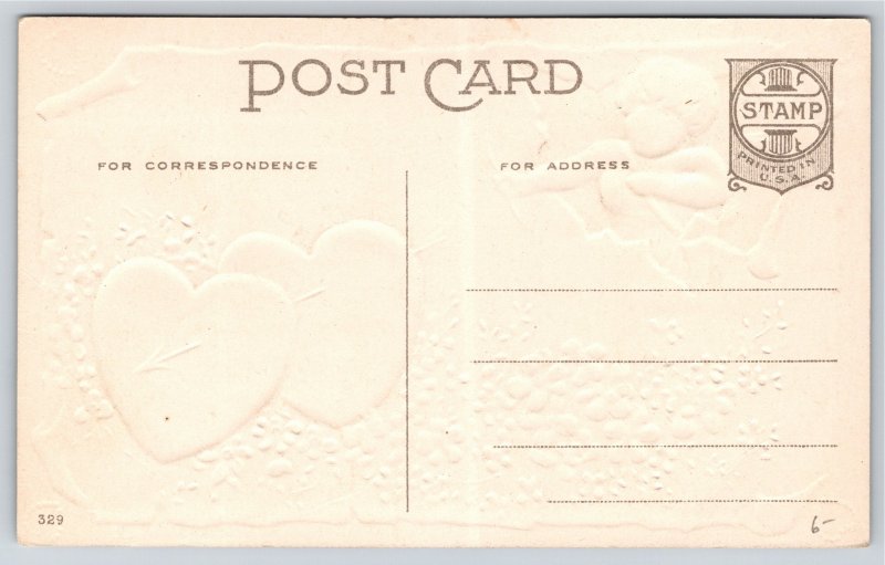 Greetings~Hearts Forget Me Nots Cupid & Poem~BB London Vintage Postcard