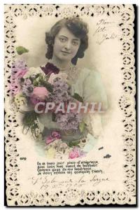 Old Postcard Fantaisie Embroidery Flowers