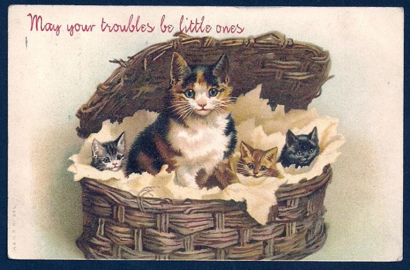 May your Troubles be Little 4 Cats in a Basket used c1905