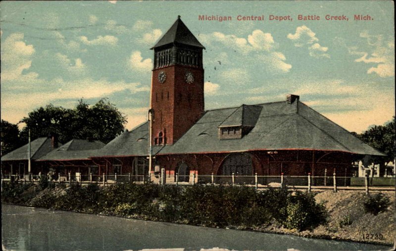 BATTLE CREEK MI Michigan Central Train Depot c1910 Postcard 