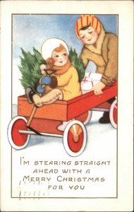 Whitney Christmas Boy Pushes Girl in Little Red Wagon Vintage Postcard