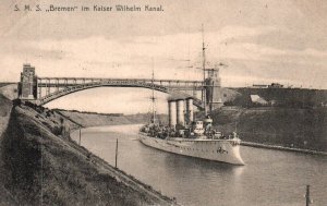 SMS Bremen Kaiser Wilhelm Canal Bridge German Imperial Navy Cruiser WWI c1910s