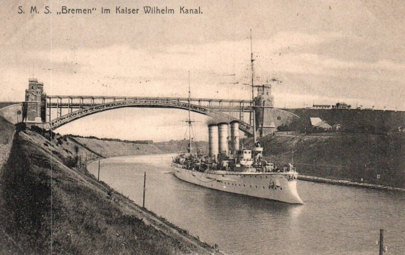 SMS Bremen Kaiser Wilhelm Canal Bridge German Imperial Navy Cruiser WWI c1910s