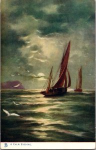 Tucks 6694 Around the Coast, A Calm Evening Sailing Boats Vintage Postcard N65