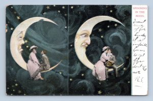 Romance Comic Paper Moon Face Spooning In the Moon Dual View DB Postcard N9