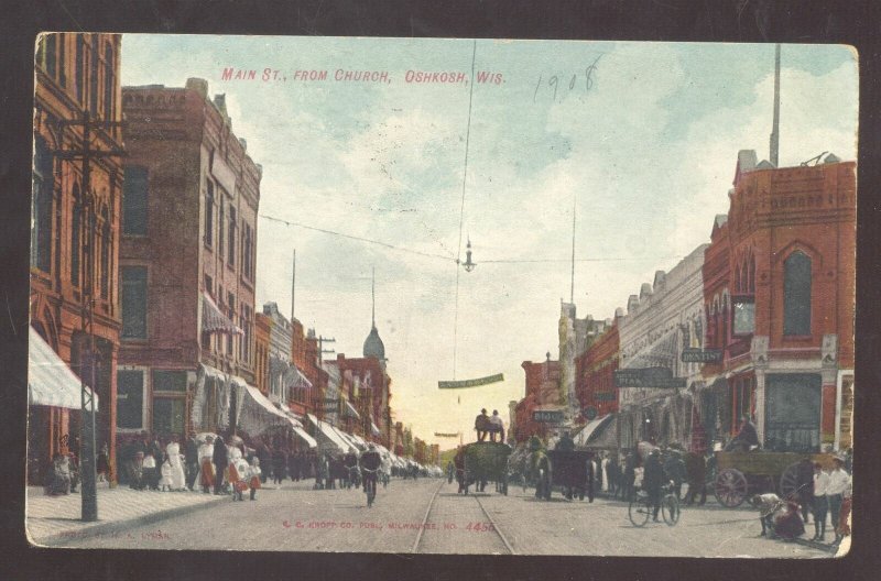 OSHKOSH WISCONSIN DOWNTOWN MAIN STREET SCENE VINTAGE POSTCARD HORSE BUGGY