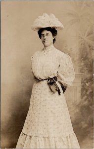 RPPC Woman Circle Pattern Dress Large Hat Studio Photo Maude King Postcard B29