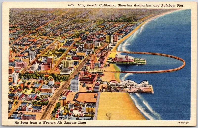 Long Beach California, Aerial View Auditorium Rainbow Pier Air Express Postcard