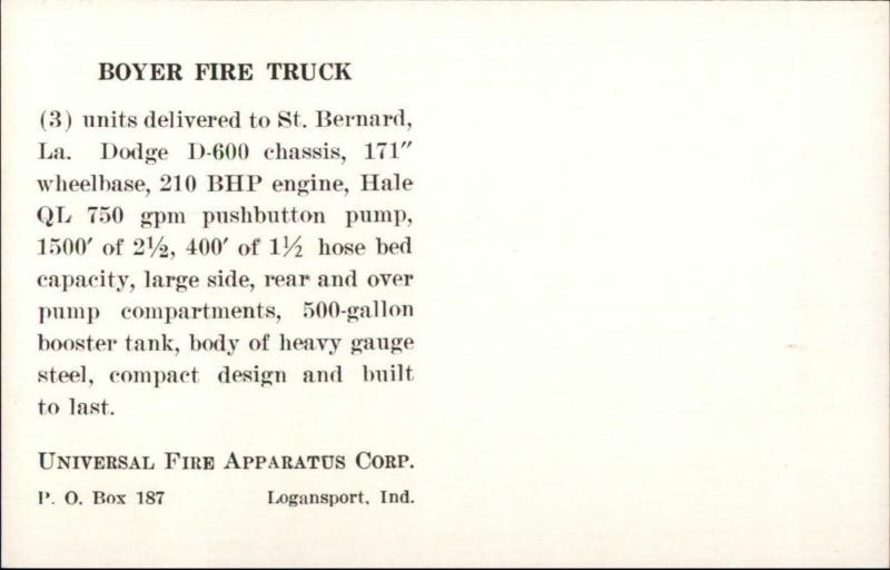 St. Bernard LA Boyer Fire Truck Engine Universal Fire Apparatus Corp Postcard