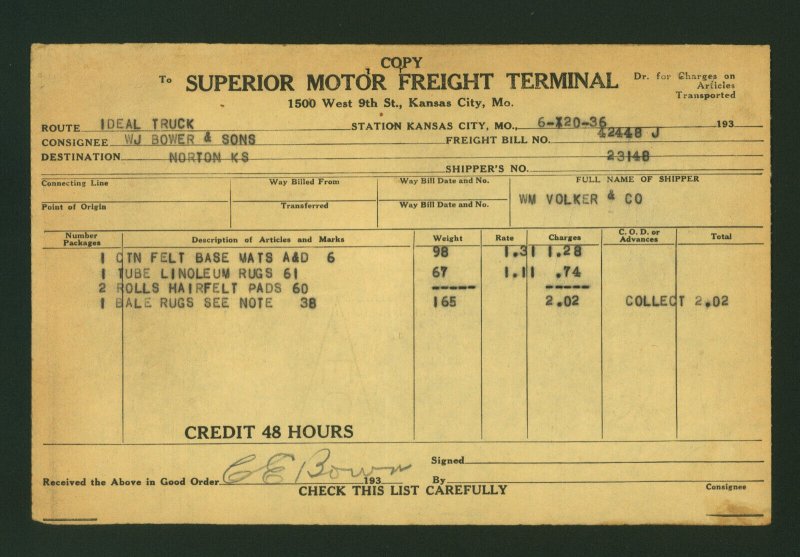 Superior Motor Freight Terminal Kansas City Mo. 6/20/36 Freight Bill 