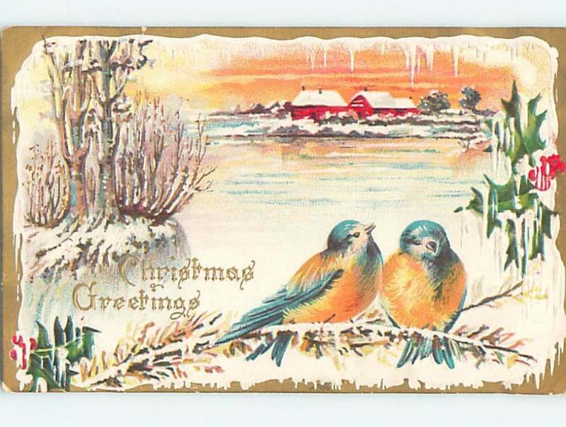 Pre-Linen christmas BEAUTIFUL BLUE AND YELLOW BIRDS ON FROZEN BRANCH HL0384