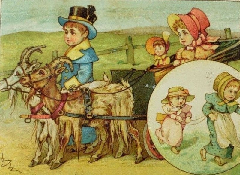 1880's-90's Victorian Trade Card Goats Pulling Wagon Boy Blue Coat & Girls P62