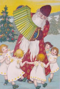 1910 Art Nouveau Santa Claus Plays Accordion Angels Vintage Christmas Postcard