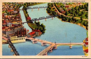 Ohio Zanesville Famous Y Bridge Aerial View 1960 Curteich