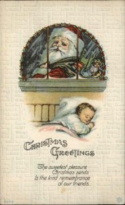Christmas Santa Claus Watching Sleeping Little Girl c1910 Vintage Postcard