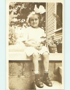 Pre-1918 rppc GIRL WITH BOW IN HAIR & POTTED PLANT Bowling Green Ohio OH v5158