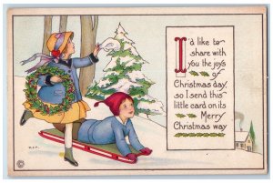 c1920's Christmas Children Sled Whreat Pine Trees Winter Rockville CT Postcard 