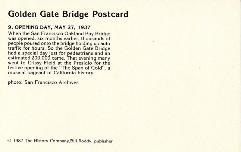 CA - San Francisco. Golden Gate Bridge. (9) Opening Day May 27, 1937