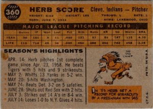 1960 Topps Baseball Card Herb Score Cleveland Indians sk10542