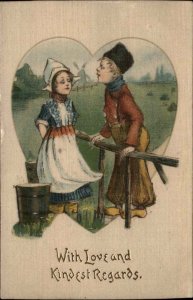 With Love Dutch Children Romance Real Silk c1910 Postcard - Beautiful Card