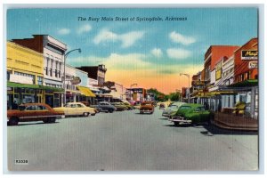 c1940's The Busy Main Street Classic Car Parking Springdale Arkansas AR Postcard