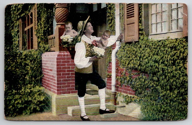 Romance Humor Man Flower Baskets With Babies to Jersey City Heights Postcard L21