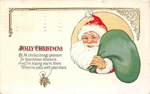 G51/ Santa Claus Christmas Postcard c1910 Smile Green Sack 4