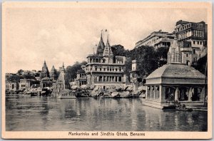 Manikarnika And Sindhia Ghats Benares India Temple Building Antique Postcard