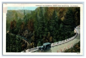 1920's Highway Car Train Redwoods Santa Cruz Mountains CA Vintage Postcard F24 